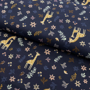 Bavlněná látka GOTS Giraffe with flowers navy Designové bavlněné látky - pro šití