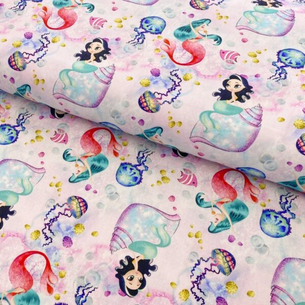 Bavlněná látka Snoozy fabrics Mermaids pink digital print Bavlněné látky - pro šití