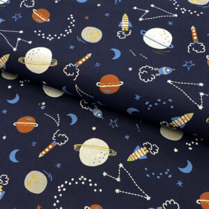 Bavlněná látka Space objects navy Designové bavlněné látky - pro šití