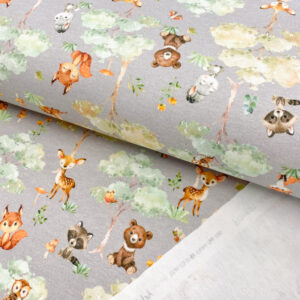 Teplákovina Cutie forest animals light grey digital print Nepočesaná teplákovina - pro šití