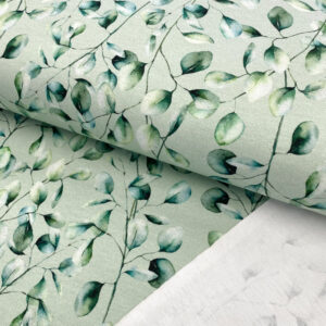 Teplákovina Eucalyptus mint digital print Nepočesaná teplákovina - pro šití