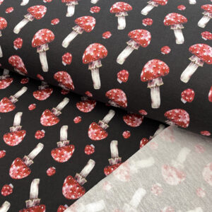 Teplákovina Mushrooms dark mocha digital print Nepočesaná teplákovina - pro šití