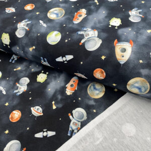 Teplákovina Universe navy digital print Nepočesaná teplákovina - pro šití