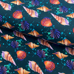 Úplet Beach shells dark turquoise digital print Designový úplet - pro šití