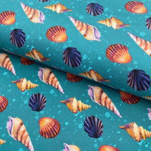 Úplet Beach shells light turquoise digital print Designový úplet - pro šití