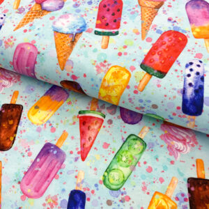 Úplet Fruit popsicle light blue digital print Designový úplet - pro šití