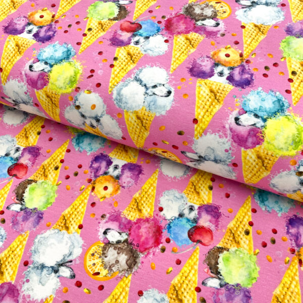 Úplet Poodle ice cream pink digital print Designový úplet - pro šití