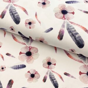 Úplet Snoozy Blossom feathers digital print Designový úplet - pro šití