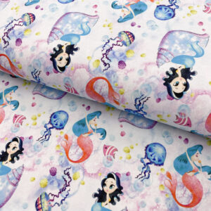 Úplet Snoozy fabrics Mermaids pink digital print Designový úplet - pro šití