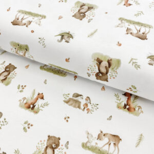 Úplet Sweet forest ANIMALS white digital print Designový úplet - pro šití