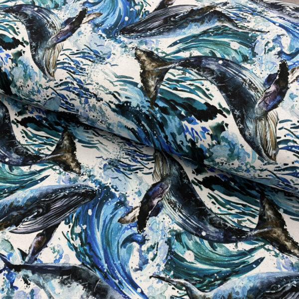 Úplet Whales in waves digital print Designový úplet - pro šití