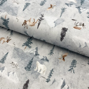 Úplet Winter animals FOREST light grey digital print Designový úplet - pro šití