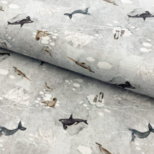 Úplet Winter animals SEA light grey digital print Designový úplet - pro šití